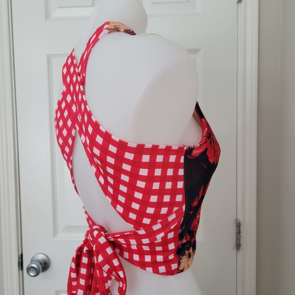 Lime Ricki Watercolor Crossback Tankini Top S NWT Red Floral X Gingham - Picture 6 of 13